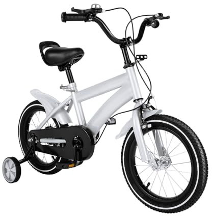 LKHDONG 14 Zoll Kinderfahrrad, für ab 3-7 Jahre Jungen & Mädchen, Höhenverstellbares Ausbildungsfahrzeuge, Fahrrad für Kinder mit Stützräder und Duales Bremssystem, Weiß