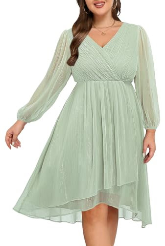 Talisea Plus Size Cocktail Dress - Formal Wedding Guest Fall Long Sleeve A Line Pleated V Neck Midi Dresses for Curvy Women, Sage Green, 18 Plus