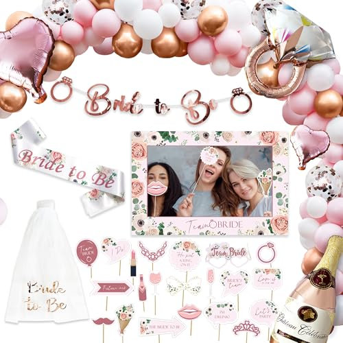 Hen Party Decorations Sash Veil Photo Props Bride to Be Banner Hen Party Accessories Balloons Glasses Balloon Arch Set Rose Gold Pink