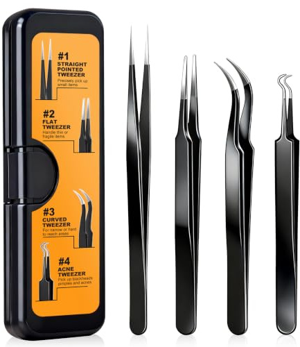 G.CATACC 4 PCS Pinzas de Precisión, Kit de Pinzas Curvas y Puntiagudas | para Manualidades, Extensiones de Pestañas, Puntos Negros, Vello Facial, Electrónica, Soldadura y Joyería, con Estuche