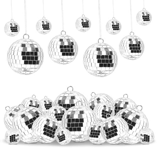 25 Stück Disco Spiegelball, 4 Größen 3cm 4cm 5cm 6cm Silber Discokugel zum Aufhängen, Silber Hängekugel für Party Dekoration