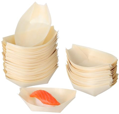 Kichvoe 150PCS Bamboo Food Serving Boats Wooden Sushi Appetizer Snack Containers for Catering Parties Tapas Dessert Serving 8.5 x 6 x 3 cm