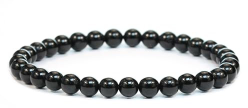 Echtes Schwarzer Turmalin Edelstein Armband mit runden 6mm Perlen - verschiedene Längen - Heilstein Schutzstein Edelsteinarmband Glücksbringer Talisman Geschenk (Schw. Turm., 18CM)