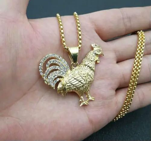 Neu Edelstahl Gold Hahn Strass Halskette Anhänger Schmuck