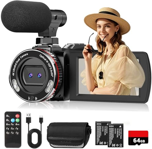 4K Video Camera Camcorder, 64MP UHD Vlogging Camera for YouTube TikTok, Dual Lens 120° Wide Angle, 3.0 IPS Screen, 18X Digital Zoom, External Stereo Microphone, Remote, 32GB Card & 2 Batteries