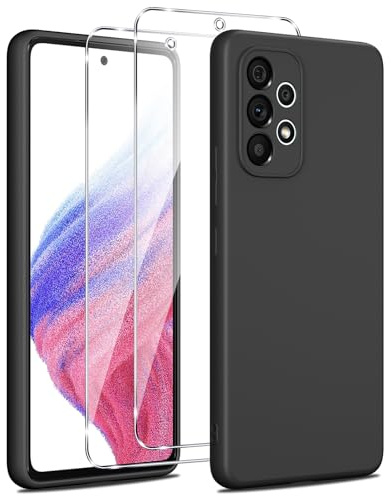 Olgary Silikon Hülle für Samsung Galaxy A53 5G Hülle, 1 Handyhülle mit 2 Stück Panzer Schutz Glas, Weiche TPU Slim Case, Militärischer Schutz Kratzfest Stoßfest Schutzhülle Cover, Schwarz