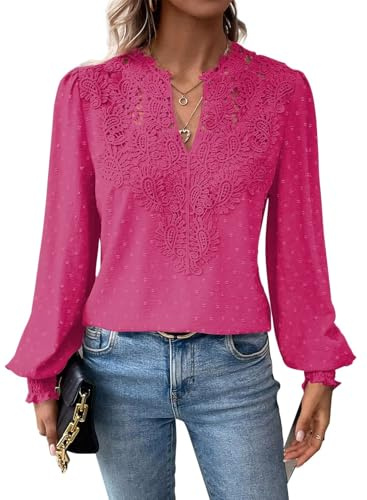 TUUHAW Tee Shirt Femme Bohème Col en V Top Manches Longues Blouse Élégant | Automne Chemise, Plissé Lâche, Dentelle Tunique, Fluide à Point Suisse T-Shirts, Volants Décontracté Blouses, Loose Hauts