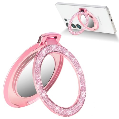 Finger Ring Stand Grip,Luxury Glitter Diamond Universal Metal Ring Kickstand with mirror for iPhone 17/16/15/14/13 Pro Max, Galaxy S25/S24/S23/S22 Ultra,Ring Grip Holder for All Smartphone (Pink)