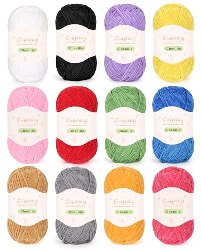 Coopay Chenille Wolle zum Häkeln, 600g (12x50g) Weiche Samtig Chenillegarn, Flauschige Wolle zum Stricken, Warme Plüschwolle Häkelwolle für Farbenfrohe Bastelarbeiten, Decken, Plüschtiere, Mützen