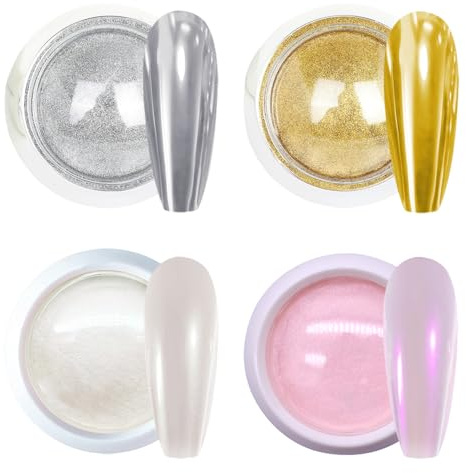 GZMAYUEN Chrome Nail Powder - 4 Jar Metallic Mirror Effect Pigment for Nail Gel Manicure DIY at Home Salon Women Gifts - Gold, Sliver, Glass White Chrome, Pink Aurora