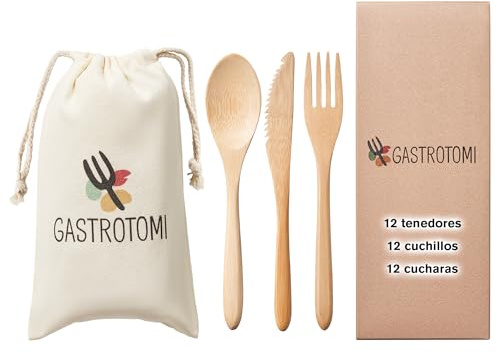 GASTROTOMI 36 Cubiertos para llevar de Bambú Natural con Bolsa de Tela – Set de cubiertos reutilizable de 12, 18 o 36 piezas para camping, picnic, oficina y viaje – cubiertos de madera sin BPA