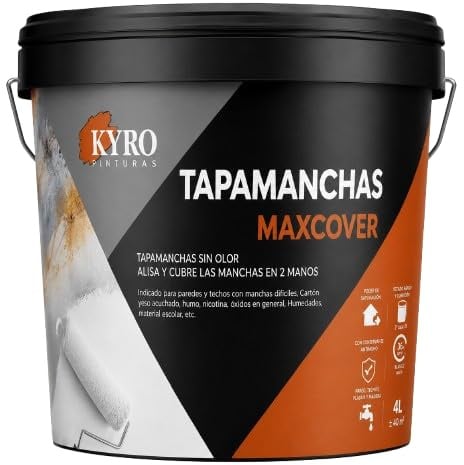 KYRO PINTURAS - TAPAMANCHAS al agua para paredes y techos. Máxima cubrición. Humo, óxido, café, grasa, aceite. Cubre manchas en 2 manos. (4 Litros)