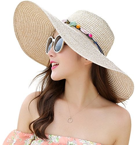 Lanzom Chapeau de paille pliable à large bord pour femme 14 cm UPF 50+ - - Taille unique