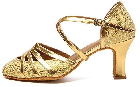 HROYL Women Glitter Latin Dance Shoes Low Heel Salsa Tango Ballroom Latin Party Wedding Dancing Shoes,512-Gold-7,3.5 UK