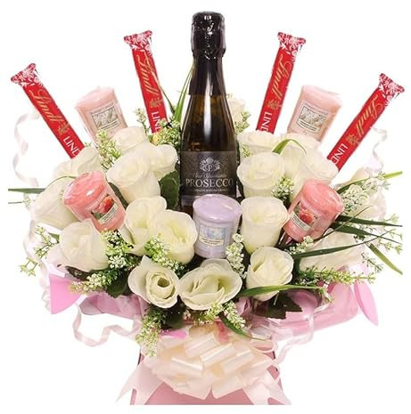 Candle Prosecco Lindt Lindor Chocolate Bars and Pink Rose Bouquet