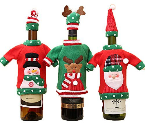 3 Pack Christmas Wine Bottle Cover, Handmade Swedish Gnomes Wine Bottle Toppers Santa Claus Bottle Bags Holiday Home Christmas Decorations Gift Santa Reindeer Snowman