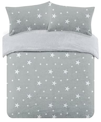 Dreamscene Star Printed Patterned Thermal Teddy Fleece Duvet Cover Quilt with Pillowcase Soft Warm Fluffy Bedding Set, Blush Pink / White - King