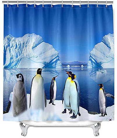 Hiser Duschvorhang aus Polyester Wasserdichter, Waschbare Duschvorhänge mit 12 Duschvorhangringen, 3D Pinguin Druck Badewannevorhang für Badezimmer (EIS,180x200cm)