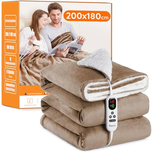 Couverture Chauffante plaid chauffant couette électrique 200x180cm, Flanelle Sherpa, 10 niveaux de température, 1 à 9 heures d'arrêt automatique, affichage numérique, lavable en machine, Kaki