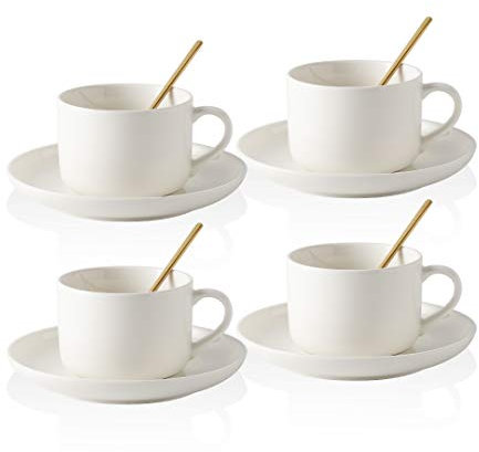 CHILDIKE Porcelain Coffee Cups and Saucers Set of 4 with Gold Spoon 220 ml/ 8 Ounce, Ceramic White Cups for Tea Cappuccino Espresso