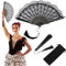 Black Lace Hand Fan Folding Wedding Fans Single Layer Foldable Fan with Tassel Plastic Spanish Handheld Foldable Rave Fan for Women Girls Halloween Dress up Costume Dancing Party Decoration, 9.5 Inch