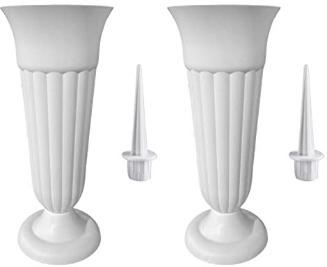 Baoblaze 2 Stücke Grabvase mit Erdspieß und Sockel, Friedhofsvase Kunststoff, Friedhofsvase mit Sockel Grabschmuck, Grabvasen Friedhof Frostsicher Blumenvase für Grabsteine Blumenarrangements, Weiß
