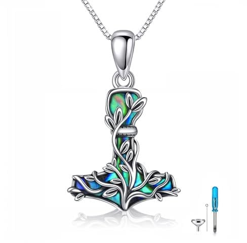 CUPENDA Thor Hammer Urn Necklaces for Ashes Sterling Silver Mjolnir Tree of Life Pendant Nordic Viking Cremation Jewellery for Ashes Memorial Gift for Women Men