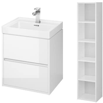 BAD LAND Badmöbel Komplett-Set Crea Weiß Waschbecken-Unterschrank 50cm mit Hochschrank 140cm, Keramikwaschbecken, Badezimmermöbel, Badregal, 2-Schubladen