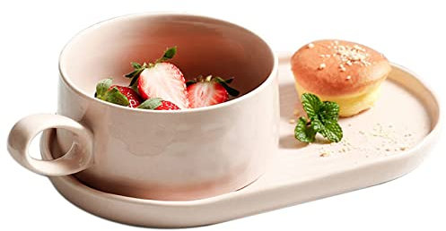 Set of 2 French Onion Soup Bowls with Handles, Solid Soup and Sandwich Plate Combo for Cereals, Pasta, Ice Cream, Dishwasher, Microwave and Oven Safe, Pink