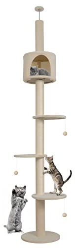 ARTETHYS Floor to Ceiling Cat Tree 260cm 5 Tiers Tall Cat Tower for Indoor Cats with Scratching Post Condo Platforms for Kittens Height Adjustable, Beige