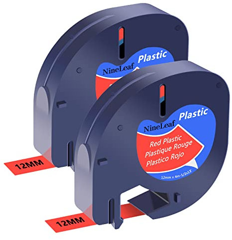 NineLeaf 2 Packung Ersatz für Dymo Letratag 91203 91223 91333 59424 S0721630 12mm x 4m Bänder Schwarz auf Rot Schriftband für LT-100H LT-100T LT-110T Plus QX50 XR XM 2000 Beschriftungsgerät