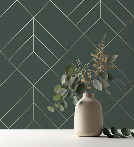 GAULAN 500682087 - Vliestapete, Strapazierfähig, Abwaschbar. Geometrische Tapete mit Rauten und goldenen Linien auf grünem Hintergrund im Art-déco-Stil für - Muster DIN A4