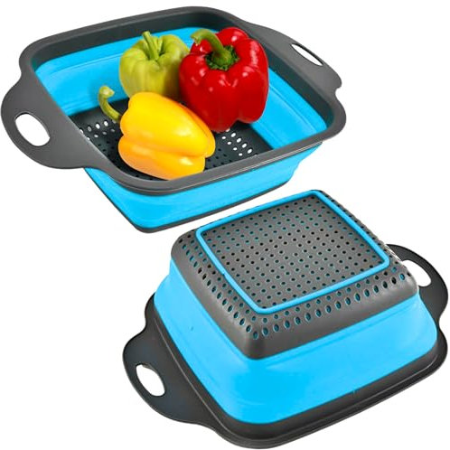 Colador cuadrado plegable con asas, colador de cocina de silicona cuadrado azul con asas de plástico, colador de cocina plegable perfecto para drenar pasta, verduras y frutas, azul