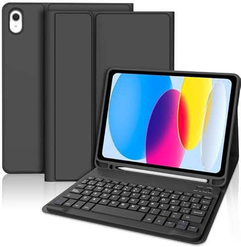 WINCHKING Teclado iPad 10 Generación 2022, Funda iPad A16 11Pulgadas 2025, Teclado Bluetooth Magnético Desmontable, Teclado español con Bandeja para rotuladores (Negro)