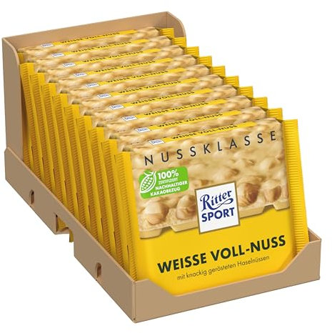 Ritter Sport Weisse Voll-Nuss, Weiße Schokolade mit ganzen Haselnüssen, Schokoladen-Klassiker zum Teilen mit Freunden, 10 x 100g Tafeln