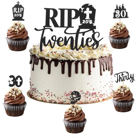VOSSOT Rip Twenties Topp die Torte 30 Geburtstag Deko Männer Frauen,Gothic Glitzer Schwarz 30 Geburtstag Deko – Partydeko mit Grabstein & Totenkopf,für 30.Torte, Mann & Frau, Lustige Feier