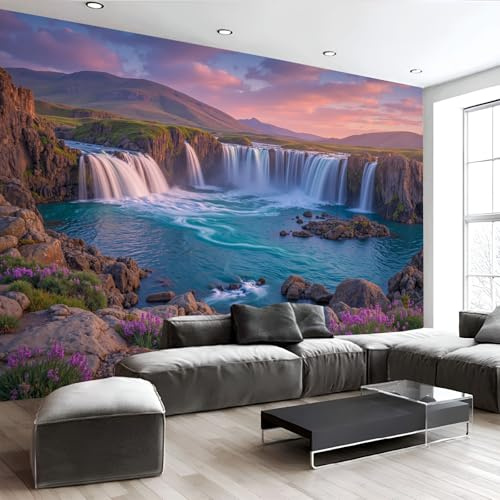 Fototapete Schlafzimmer Island Landschaft Sonnenuntergang Wasserfall 3D Druck Vliestapete, ‎150x105cm (B×H) Wandtapete Wandbilder, für Wohnzimmer, Kinderzimmer, TV Hintergrund Rosa Braun Tapete