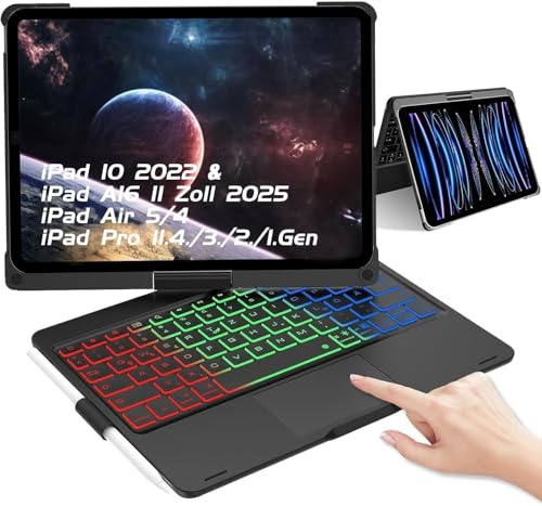 Tastatur für iPad A16 11 2025/iPad 10 Gen 10.9, Air 5/4 Gen 10.9 Zoll | 360° Drehbare Beleuchtete Touchpad Tastatur für iPad Pro 11 4/3/2/1 Gen (2018-2022), Schwarz