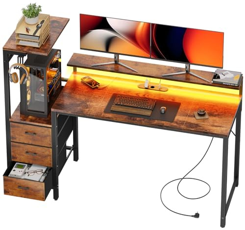 SOLAVERO Escritorio Gaming con LED y Enchufe Integrado, 152cm Mesa Gaming Reversible con Estanteria & Cajones de Tela, Mesa Ordenador con Soporte para Monitor y Gancho para Auriculares, Marrón Vintage