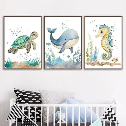 Xiyocadt 3er Poster Set, Ozean Tier Wandbilder Aquarell Walen, Seepferdchen, Tintenfischen, Krabben und Schildkröten Bilder Poster für Kinderzimmer Kinder Babyzimmer Dekor,Ohne Rahmen (B,30x40cm)
