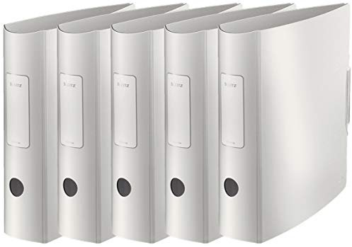 Leitz Qualitäts-Ordner 180° Active Style in gebürsteter Alu-Optik, A4, Runder Rücken, 8,2 cm Breite, Gummibandverschluss (5er Pack, Arktik-Weiß)