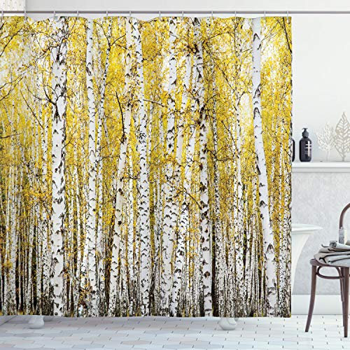 ABAKUHAUS Herbst Duschvorhang, Wald Golden Leaves, Stoffliches Gewebe Badezimmerdekorationsset mit Haken, 175 x 200 cm, Gelb und Grau