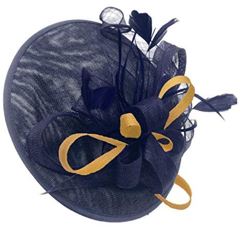 Caprilite Navy and Gold Mustard Sinamay Big Disc Saucer Fascinator Hat for Women Weddings Headband