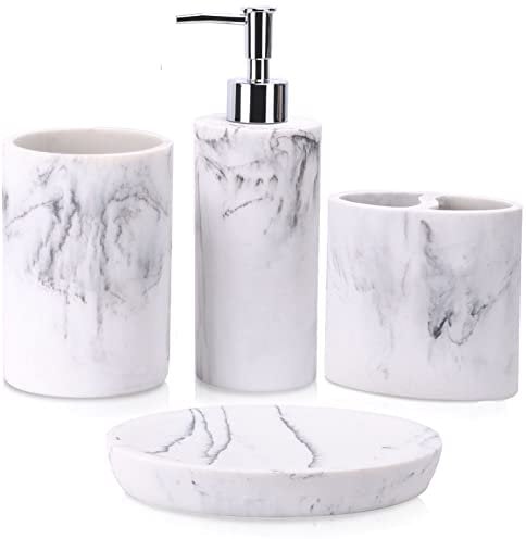 ZCCZ Set di accessori da bagno 4 pezzi, accessori decorativi per il bagno con dispenser di sapone, portaspazzolino, bicchiere da bagno, portasapone, effetto marmo, set di accessori da bagno bianco