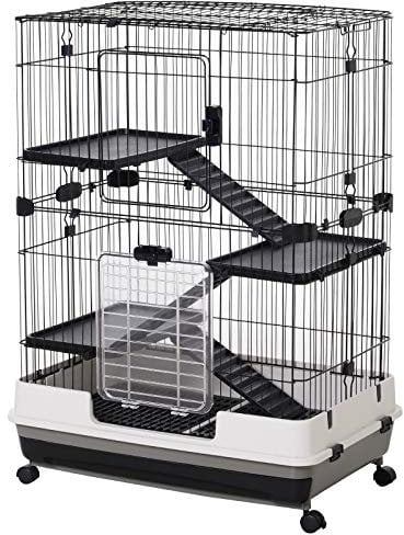 PawHut Kleintierkäfig mit 4 Räder, Käfig, 3 Öffnungen, 2 Plattformen, Metall Schwarz 81,2 x 52,7 x 110 cm