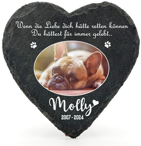Individueller Personalisiert Herzform Tiergrabstein Schiefer Gedenkstein für Hund, Katze und andere Haustiere Tiere - Größe | 10 x 10 cm | - Ovales Foto