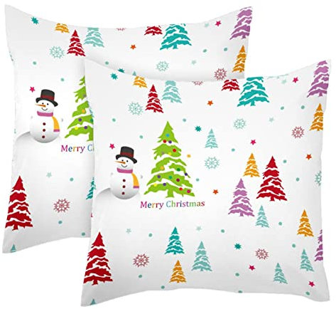 Merry Christmas farbige Bäume, Schneeflocken und Schneemann, quadratisch, dekorativer weicher Samt-Kissenbezug für Couch, Sofa, Bett, Auto, Wohnzimmer, 40 x 40 cm