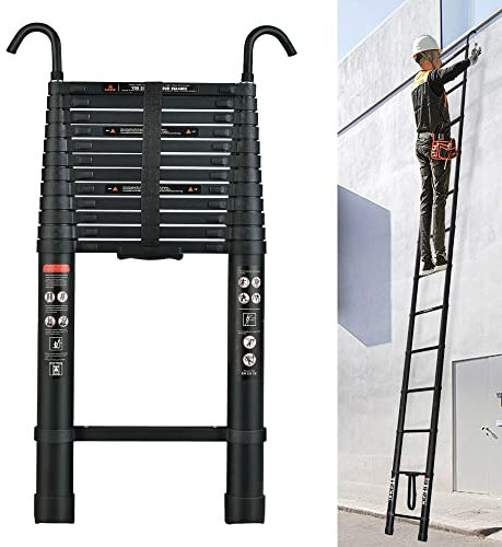 16.4FT Telescoping Ladder Aluminum Extension Ladder with Non-Slip Feet and Double Hook, Portable & Lightweight Multi-Purpose Ladder for Indoor Outdoor Work, 330 lbs Capacity(Black)