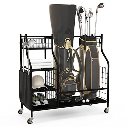 SPOTRAVEL Golf Club Organizer, Golf Bag Storage Stand with Detachable Universal wheels Wheels, Golfing Equipments Rack for Golf Accessories (Single)