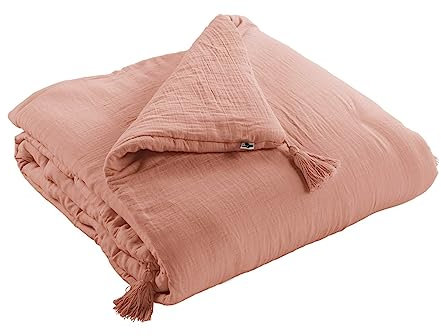 Mylittlebed Edredon Dessus de lit L’Effet Papillon 90x200 cm – Chemin de lit 100% Gaze de Coton avec Finition Pompons [ Dessus de Lits et Couvre-Lits ] (Rose Pêche)